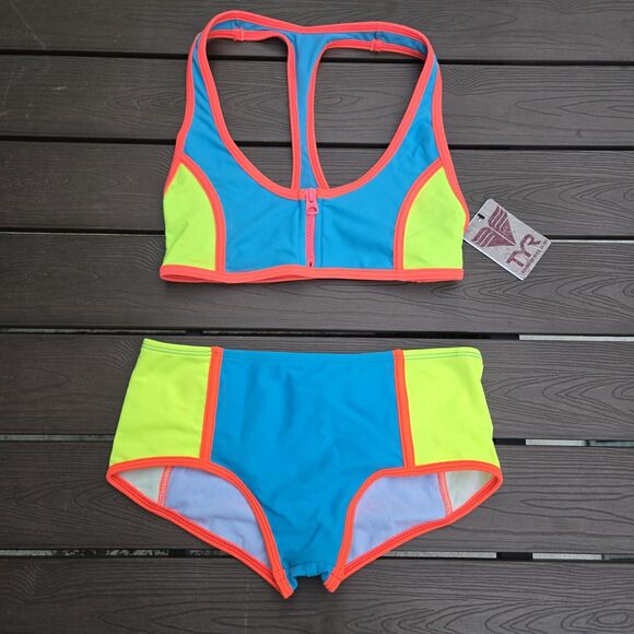 TYR Women Zip Racerback & Matching Boyshorts Bikini Neon/blue Size L New - Picture 1 of 2